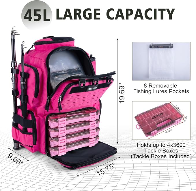 Goture Fishing Backpack with 4 Tackle Boxes,900D Water-Resistant Tackle Backpack with Rod Holders,45L Large Fishing Bag Storage Gear Tackle Bag with Rain Cover,Bottle Holder for Travel Camping Hiking