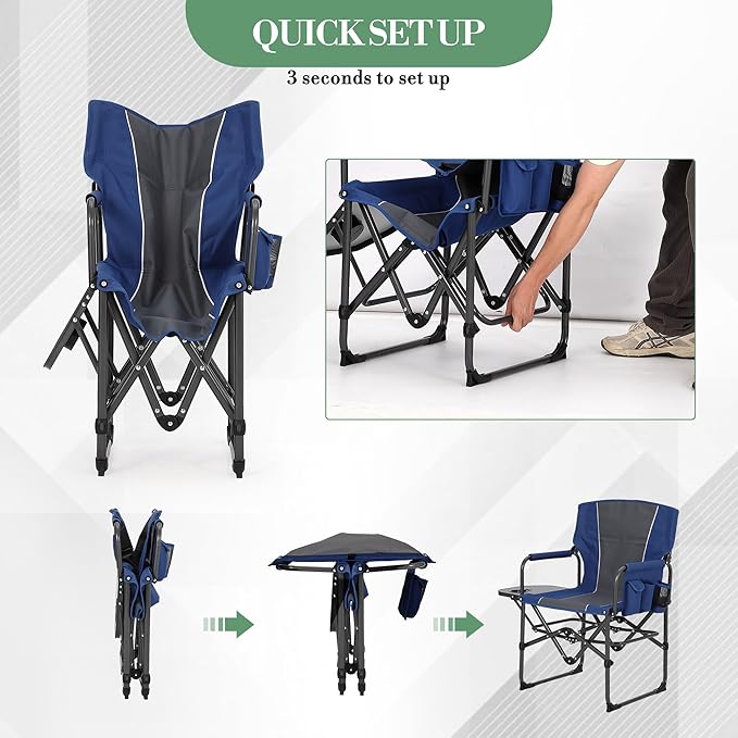 Oversized Camping Directors Chair, Portable Folding Lawn Chairs for Adults Heavy Duty with Side Table, Outdoor Foldable Camp Chair with Pocket for Beach, Fishing,Picnic (2, Blue/Grey, Oversized)