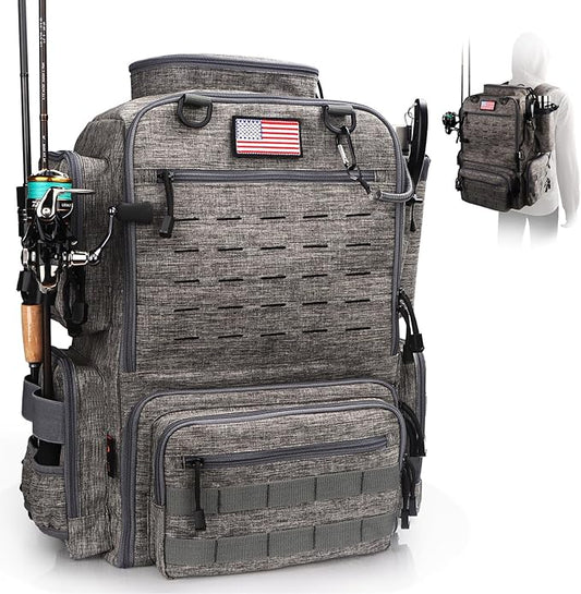 Fishing Backpack, Fishing Tackle Backpack with Rod Holders for 4 Boxes (Box Not Included) 45L Waterproof Fishing Gear, Ideal for Men and Women Tackle Box Bag (Storm Gray)
