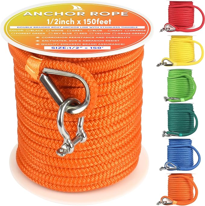 Boat Anchor Rope 150 ft x 1/2 inch Orange, Double Braided Anchor Line with Stainless Steel Thimble & Shackle, Marine Rope Ideal for Towing, Mooring, Decks, Anchoring, for Boats Up to 35'