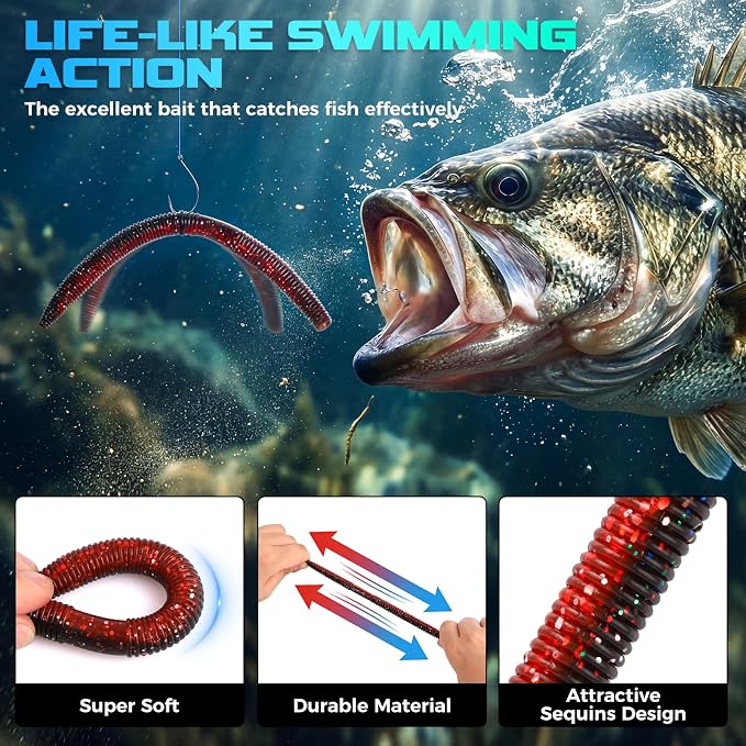 TOPFORT Fishing Lures, Bass Fishing Kit with Wacky Worm, Fishing Worms for Bass Fishing, Soft Plastic Baits with Hooks, Weights, Fishing Accessories, Fishing Gear Fishing Gifts for Men with Tackle Box