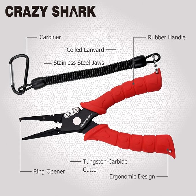 Fishing Pliers, Stainless Steel Fishing Tools, Saltwater Resistant Fishing Gear, Tungsten Carbide Cutters, Split Ring Pliers, Hook Remover with Coiled Lanyard and Sheath