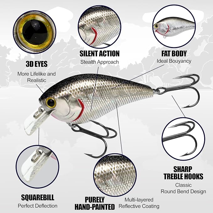 LUCKY CRAFT LC 2.5 Silent Crankbait Fishing Lures, 2-3/8” Squarebill Crankbait, Bass Lures, Floating 4ft Depth Hard Bait, Champion Freshwater Fishing Gear and Tackle Box Accessories