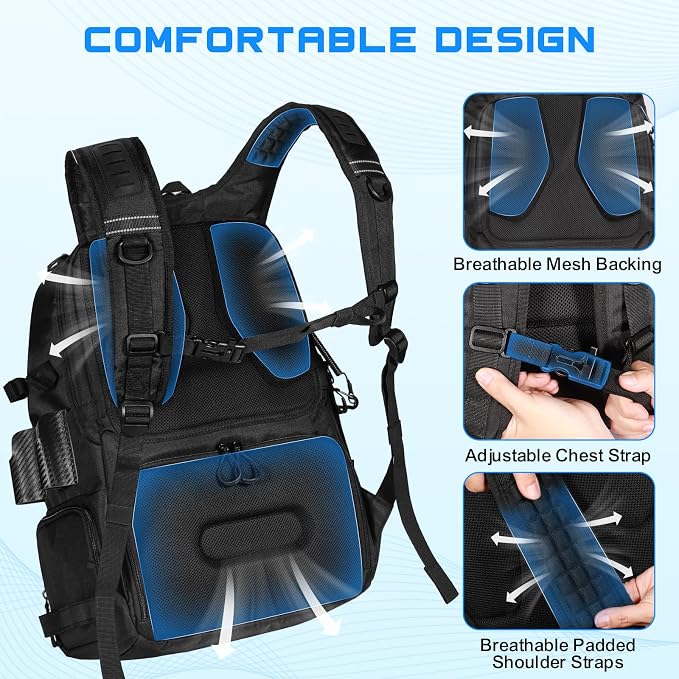 50L Fishing Tackle Backpack with Removable Lure Wraps,2 Rod Holders Storage Fishing Gear and Equipment