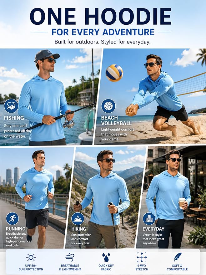 ZITY 3 Pack Men's Sun Protection Hoodie Shirt Fishing Shirts for Men UPF 50+ Long Sleeve Shirt Lightweight Rash Guard