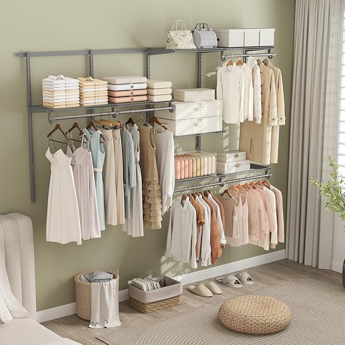Giantex Closet Organizer System, 4-8 FT Wall-Mounted Closet Shelves and Rod, Adjustable Closet Organization w/ Hanging Rod, DIY Expandable Modular Metal Wire Shelving for Laundry Bedroom (Grey)