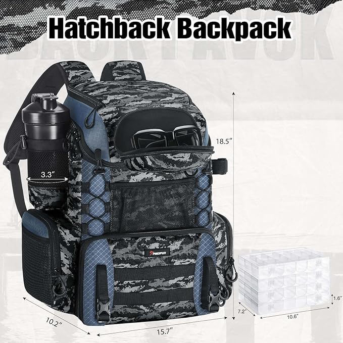 Piscifun Fishing Tackle Backpack with Rod Holders & 4 Tackle Boxes, 42L Outdoor Fishing Bag with Waterproof Rain Cover