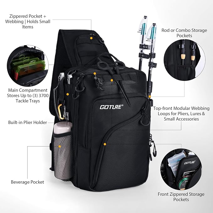 Goture Black Fishing Bag with Tackle Boxes, Crossbody Sling Tackle Backpack for Men, 20L Large Capacity Fits 3600 Trays, Durable Fishing Gear Storage, Best Fishing Gifts for Anglers