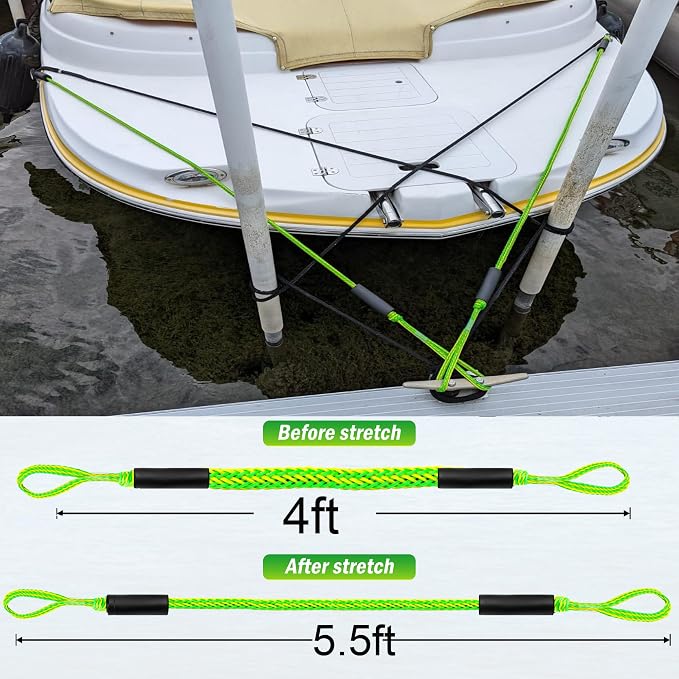 Boat Bungee Dock Lines, Mooring Rope for Docking with Loop, Boat Ropes, Boat Accessories, Quick and Easy Dock for PWC, Kayak, Seadoo, WaveRunner, Pontoon, Bass Boat (Green&Yellow)