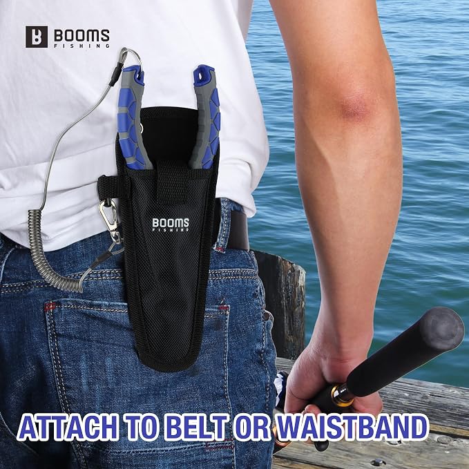 Booms Fishing Needle Nose Pliers: 9" Long Nose Hook Remover and Split Ring Fish Pliers with Lanyard and Sheath - XW10 Multi-Function Saltwater Fishing Gear, Blue & Gray