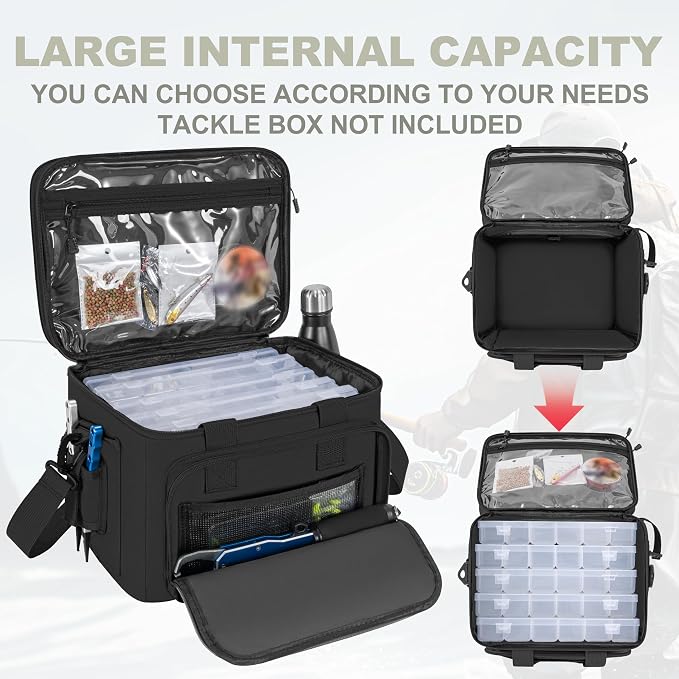 Fishing Tackle Bags, 19L Waterproof Tackle Box Organizer Shoulder Storge for Saltwater & Freshwater Fly Fishing Gear and Equipment, holds 3400-3600 Size Tackle Boxes (Bag Only, Black)