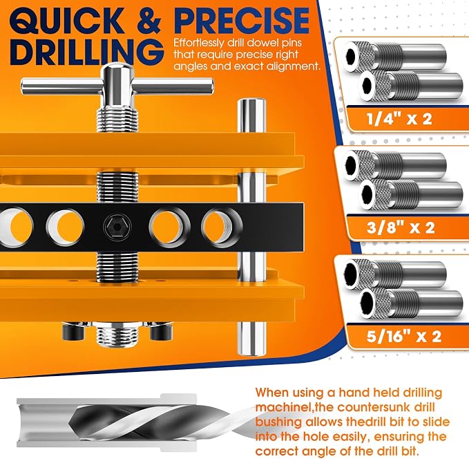 BLEKOO Self Centering Doweling Jig Kit, Drill Jig For Straight Holes Biscuit Joiner Set With 6 Drill Guide Bushings, Adjustable Width Drilling Guide Power Tool Accessory Jigs (Gold)