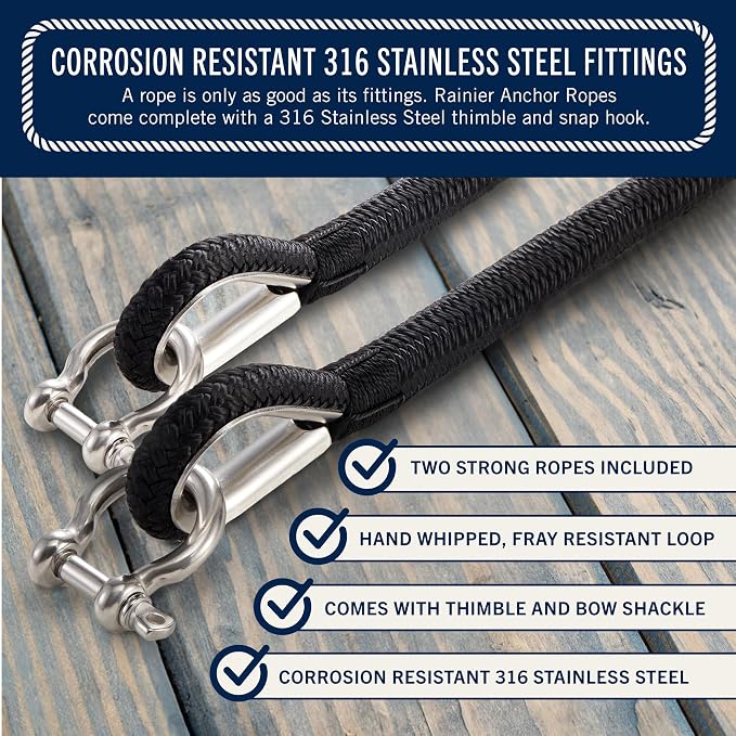 RainierSupplyCo 2 Pack Boat Anchor Rope - Double Braided Marine Rope Anchor Line - 50ft Nylon Boating Line with 316 Stainless Steel Thimble and Heavy Duty Marine Grade Bow Shackle