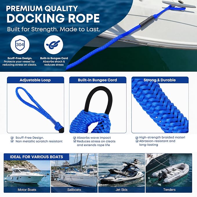 Boat Bungee Dock Lines, Scratch-Free Loop Ends Mooring Rope, Shock Absorbing Pontoon Tie Down Accessories Compatible with Models for Jet Ski（4ft-2 Pack-Blue）