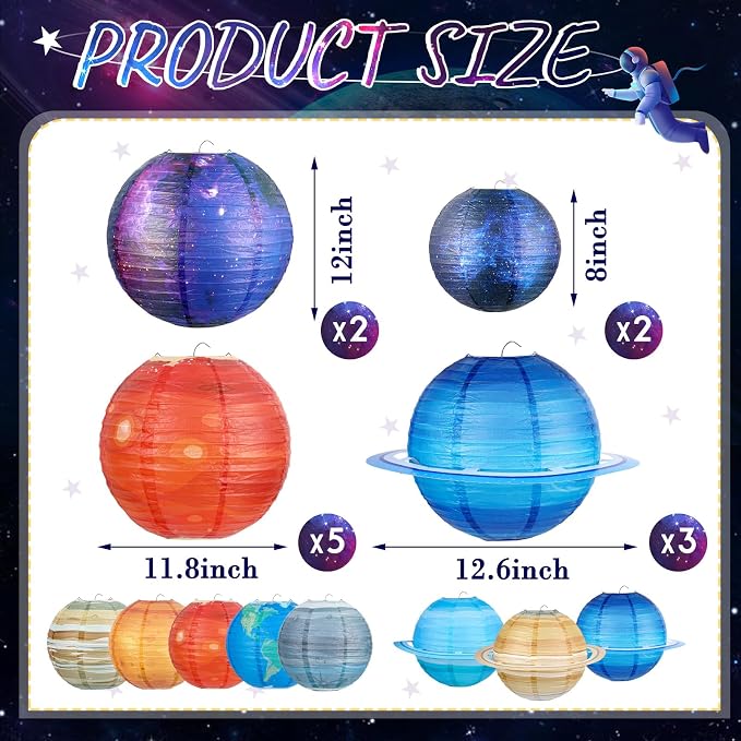 Hortsun 12 Pcs Paper Hanging Lanterns Birthday Decorations 12 Inch, 8 Inch Hanging Paper Lanterns for Party Decoration Supplies (Space)
