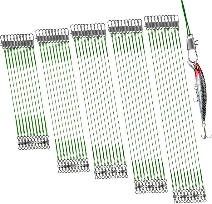 DONQL 50pcs Fishing Leaders, Stainless Steel Fishing Wire Traces Pike Fishing, 10/15/20/25/30cm Anti-Bite Fishing Wire Trace Leaders with Rolling Swivels and Snaps for Bait Rigs Saltwater