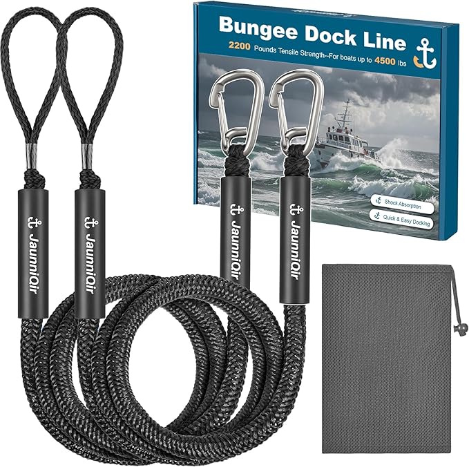 JaunniQir Bungee Dock Lines for Boats 7.2 Feet, 2 Pack Dock Lines with 316 Stainless Clips for PWC, Jet Ski, Kayak, Watercraft, Pontoon, Shock Absorbing Tie Off Downs Boat Mooring Ropes Accessories