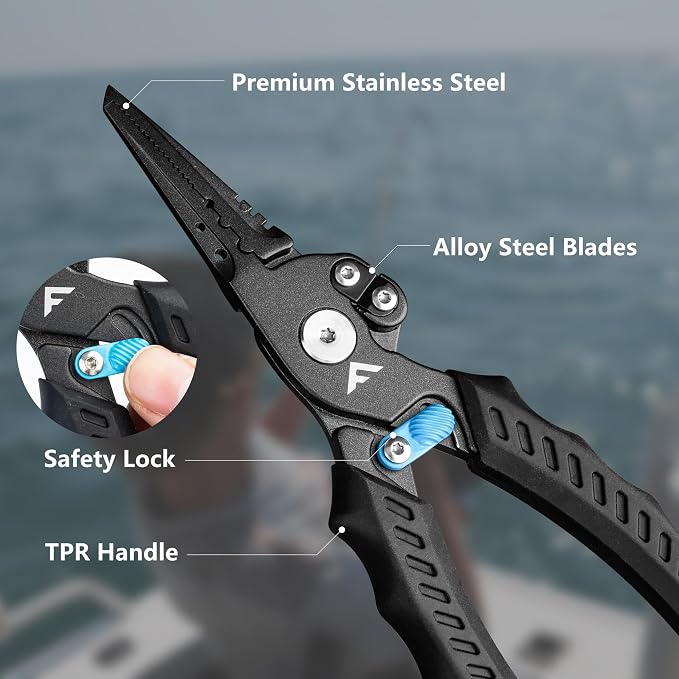 FLISSA Fishing Pliers, Safety Lock Design Fish Pliers Saltwater, Aluminum Hook Remover, Titanium 6Al-4V Jaw and Tungsten Carbide Line Cutters, Sheath & Lanyard, Fishing Gear Gifts for Men