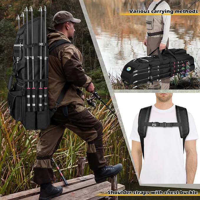Rexmica Fishing Backpack Holds 8 Rods & Reels, Fishing Tackle Bag with Compartment for Tackle Boxes, Fishing Gear or Equipment, Fishing Rod Case Backpack, Fishing Pole Bag with Tactical Molle System