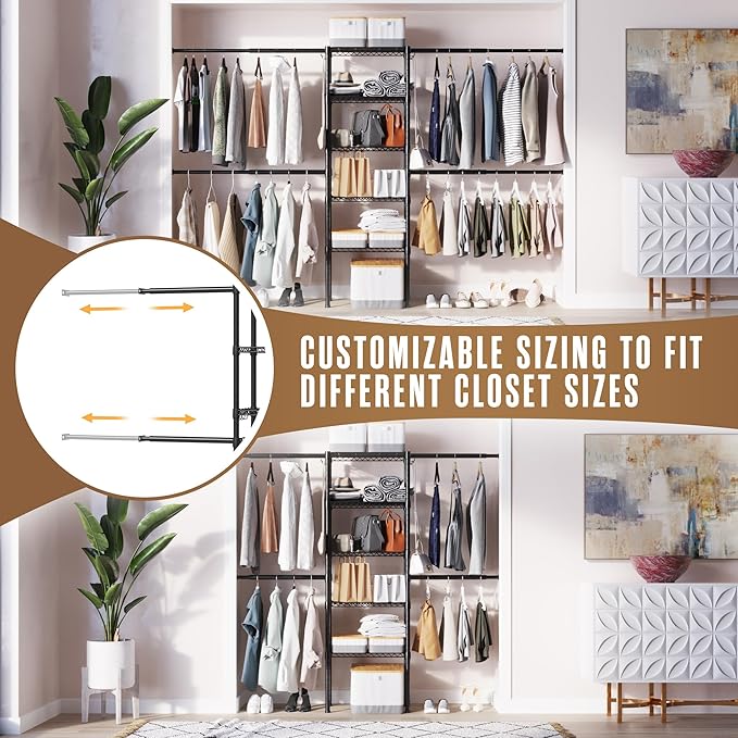 Houseables Closet System, Built in Closet System, Organizer Kit, Walk In Shelf Kit Storage, Wall Mounted Inserts, Modular, Walking, Build Your Own, DIY, Insert Shelving, 4 Custom Rods, 5 Shelves