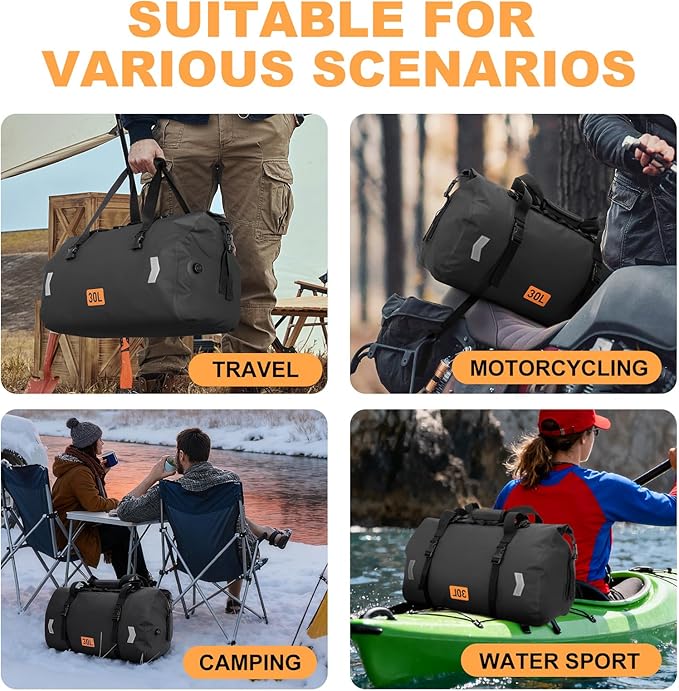 OCKLILY Waterproof Motorcycle Dry Bag, 30L Roll-top Motorcycle Tail Bag with Air Valve & Quick-fixed Straps, Travel Duffle Bags for Kayaking Paddle Boarding Rafting Boating Camping Riding - Black