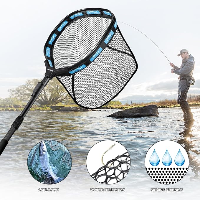 PLUSINNO Fishing Net Fish Floating Landing Net, Kayak Nets with Fixed Foldable Telescopic Pole Handle, Bass Trout Fishing Nets with Nylon Mesh for Pond Lake River, Fishing Gear Gifts for Men Anglers