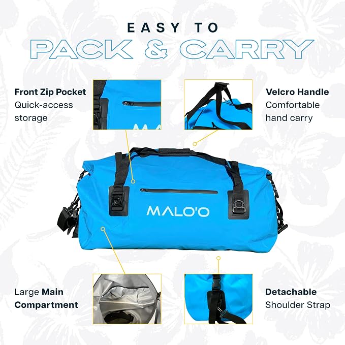 Malo’o Waterproof Dry Duffel, Heavy-Duty Roll Top Waterproof Gear Bag with Shoulder Strap & Molle Loops, Marine Duffel for Kayaking, Boating, Camping, Beach & Travel, Blue, 60L