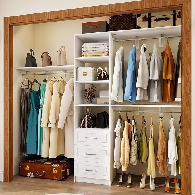 96 inch Closet System with Wooden Drawers, 5FT-8FT Closet Organizer System with Shelving Tower, Walkin Closet System with Expandable Hanging Rods & Movable Shelves, Wall Mount, 96”*14.8”*81”,White
