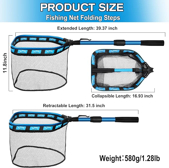 PLUSINNO Floating Fishing Net for Steelhead, Salmon, Fly, Kayak, Catfish, Bass, Trout Fishing, Rubber Coated Foldable Landing Net with Fixed or Telescoping Pole Handle, Fishing Gear and Gifts for Men