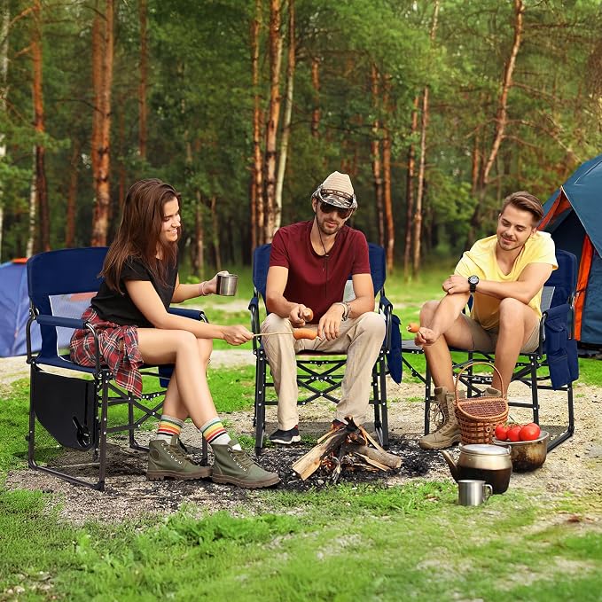 VINGLI Camping Chairs, Directors Chair, Camping Chair with Side Table & Carry Bag，Heavy Duty Camping Chairs for Adults, Portable Folding Camping Chair, Pocket for Beach, Fishing,Trip,Picnic,Lawn-Blue