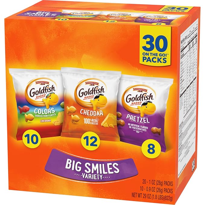 Goldfish Crackers Big Smiles Variety Pack with Cheddar, Colors, and Pretzels, Snack Packs, 30 Ct (Pack of 4)