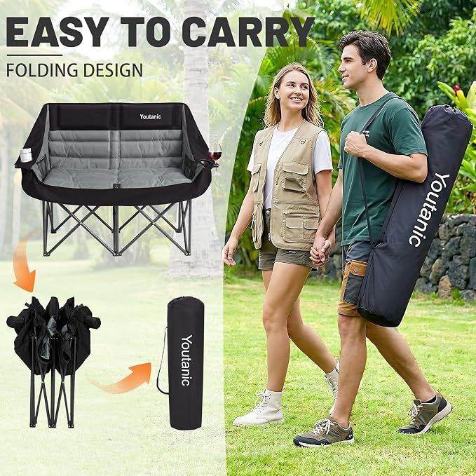 Youtanic Oversized Extra Large Double Padded Camping Chair up to 660lbs, Folding Loveseat Camp Couch with Pocket, Carry Bag, Portable Camping Chairs for Adults, Fishing, Sports, Trip, Black