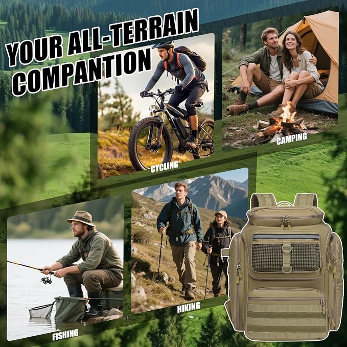HAMBOLY Fishing Backpack 45L with Rod Holders, Water-Resistant Tackle Backpack for Fishermen, Large Capacity Fishing Gear Bag for Travel Hiking Camping