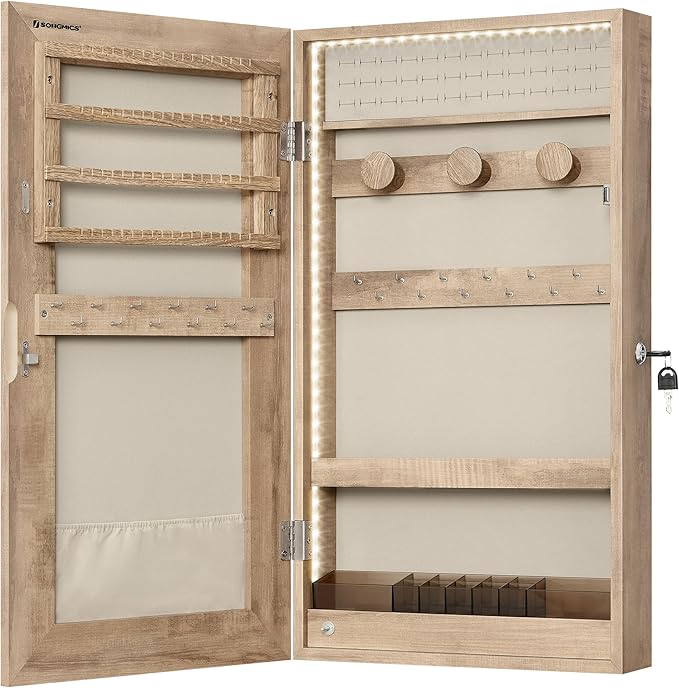 SONGMICS Mirror Jewelry Cabinet Armoire with Built-in LED Lights, Wall or Door Mounted Jewelry Storage Organizer, 3.8 x 14.6 x 26.4 Inches Hanging Mirror Cabinet, Gift Idea, Camel Brown UJJC050N01