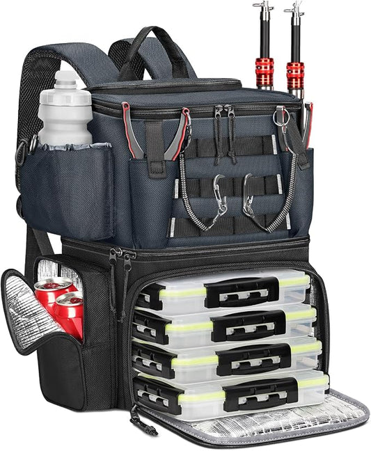 MATEIN Fishing Backpack with 4 Tackle Boxes, Fishing Bag with Rod Holder & Safety Compass & Cooler, Gifts for Fishermen
