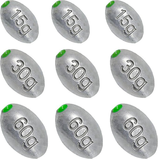 Egg Sinkers Bullet Fishing Weights Oval Shaped with Plastic Core Slip Sinkers for Catfish Fishing Casting Saltwater and Freshwater 1/5oz to 2oz