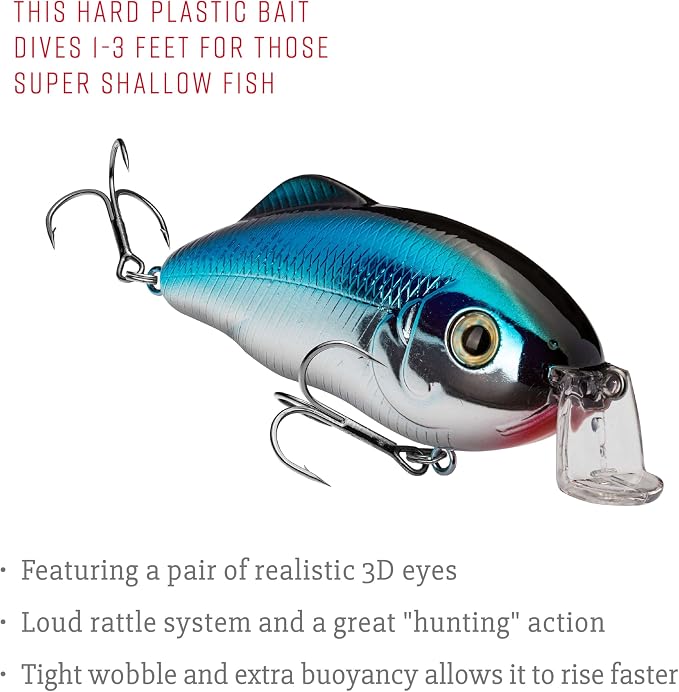 Strike King Hybrid Hunter Shallow Jr. Fishing Lure, Shallow Diving Crankbait, 90-Degree Bill, 3D Eyes, Loud Rattle, Dives 1 to 3-Feet,Size 4 & 6 Treble Hooks