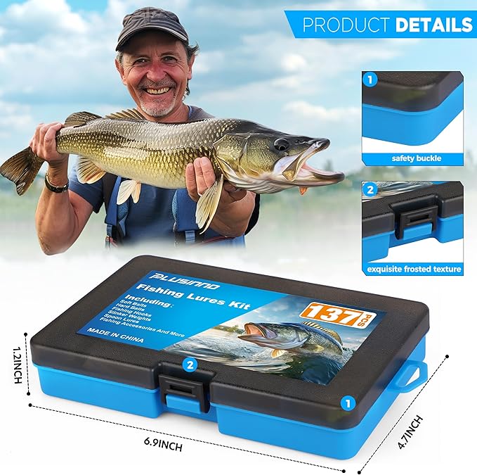 PLUSINNO Fishing Lures, 137Pcs Tackle Box with Tackle Included, Crankbaits, Spoon, Hooks, Weights & Other Accessories, Fishing Bait Lure Gear Kit Gift for Men Bass Freshwater