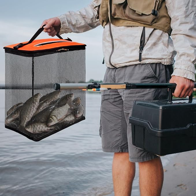 Cedilis Large Floating Fishing Basket for Live Caught Fish, Foldable Floating Fish Net Cage, Collapsible Nylon Mesh Fishing Bag Bait Pen, Portable,10 Gallons, Easy to Clean