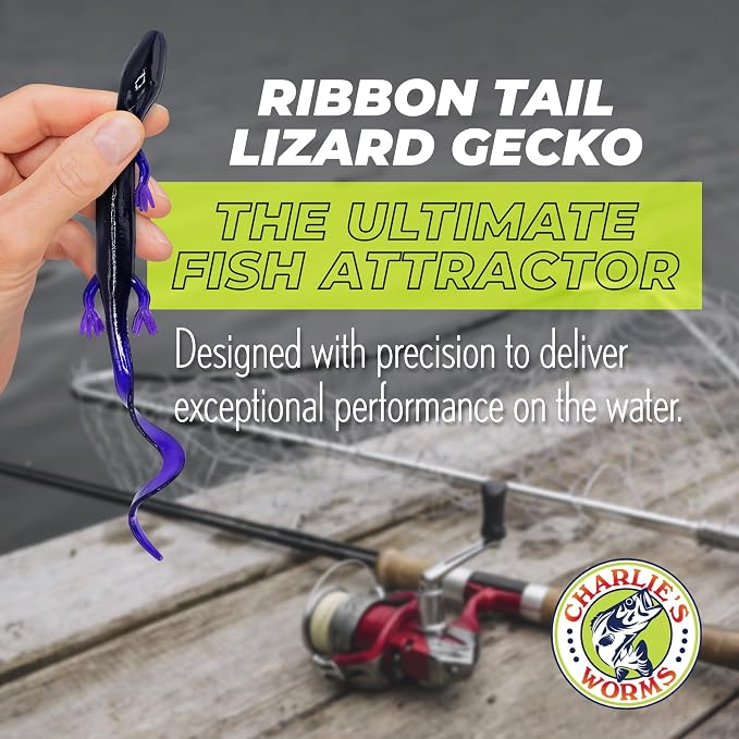 Charlie's Worms Lizard Gecko, Scented Soft Bait for Freshwater & Saltwater Fishing, Durable Lures for Bass, Trout, Reptiles, Aquatic Frogs, Minnows, Feeder Bait, 8pk, Green Pumpkin