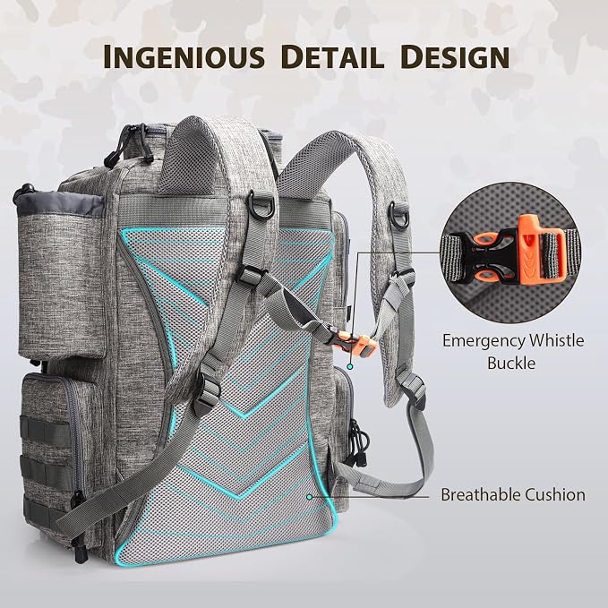 Fishing Backpack, Fishing Tackle Backpack with Rod Holders for 4 Boxes (Box Not Included) 45L Waterproof Fishing Gear, Ideal for Men and Women Tackle Box Bag (Storm Gray)