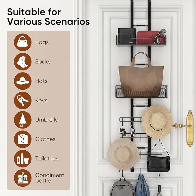 Purse Organizer, Bag Organizer for Closet Door, Over The Door Hanging Handbag Storage Rack with Adjustable 12 Metal Hooks & 2 Baskets, Foldable, No Tools Installation