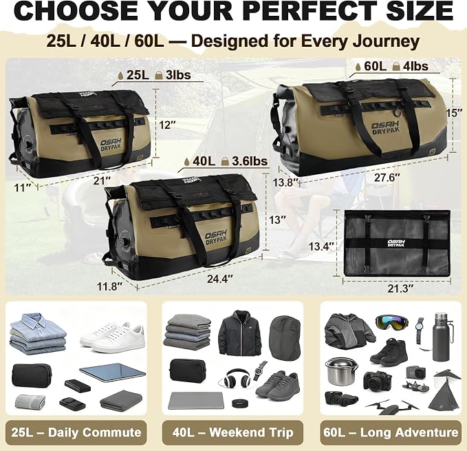 OSAH DRYPAK Waterproof Duffel Bag 25L/40L/60L – Heavy-Duty Motorcycle Tail Bag, Roll-Top Dry Bag for Travel, Camping, Boating, Kayaking, Outdoor Adventure