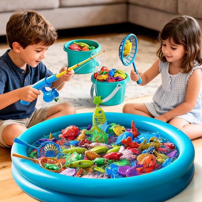 Magnetic Fishing Game Pool Toys for Kids 3 4 5 6 7 8, Water Table Bathtub Toys with Inflatable Pool, Bath Toys for Toddlers, Summer Outdoor Indoor Magnetic Fishing Toys Gifts for Boys Girls 3-5 4-8