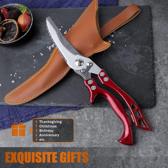 Dream Reach Poultry Shears, Red Heavy Duty Kitchen Shears with Serrated Edge, No Rust Spring Loaded, Multipurpose Stainless Steel Kitchen Scissors for Chicken Meat, Turkey, Fish, Gifts for Men Women