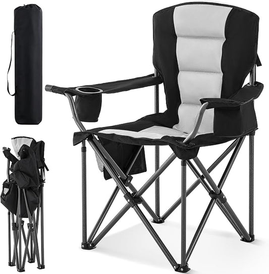 Portable Camping Chair for Adults Heavy Duty 450LBS Thick 600D Oxford Fabric Outdoor Oversized Camping Chairs with Cup Holder and Ice Bag for Sports, Fishing, Lawn (Black & Light Gray)