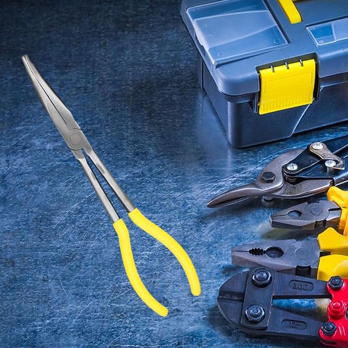 11 Inch Long Reach Long Nose Pliers | Designed for Mechanics, Technicians, and Contractors | Work with Delicate or Difficult-to-Reach Pieces | Milled-Jaws | Steel “45 Degree Bent Nose Plier