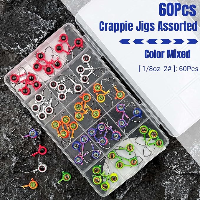 60Pcs Big Eye Crappie Jig Heads Kit, Bright Color Panfish Fishing Jig Heads Hook with Wired Bait Keeper Swimbait Jighead for Crappie Walleye 3 Sizes 1/32oz 1/16oz 1/8oz