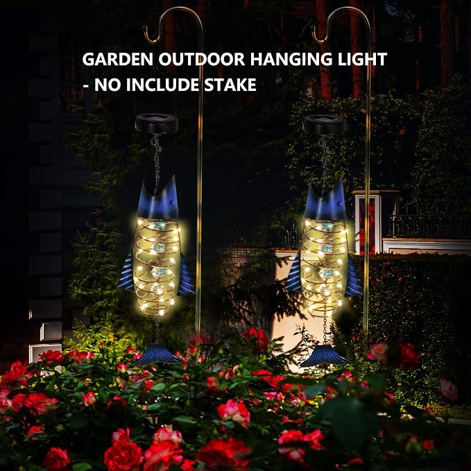 HONGLAND Patio Deals Solar Lanterns Outdoor Waterproof, Fish Lantern Lights, Metal Hanging Garden Decor for Patio & Yard, Gifts for Fishermen, Warm White LED Home Decoration