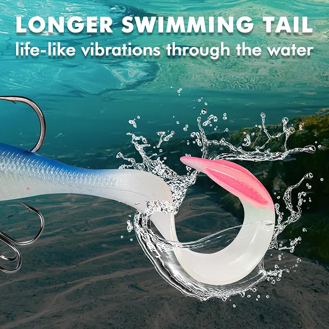 TRUSCEND Duramax Pre-Rigged Fishing Lures with BKK Jig Hooks, 10X Tear-Resistant TPE Soft Swimbaits for Bass Striper Trout Crappie Walleye Grouper, Lifelike Fishing Baits for Saltwater and Freshwater
